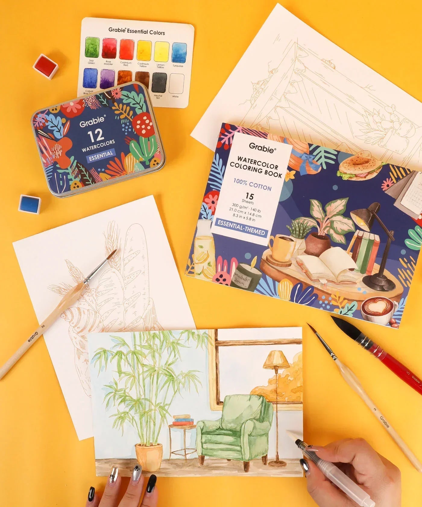 Essential-Themed Watercolor Coloring Book