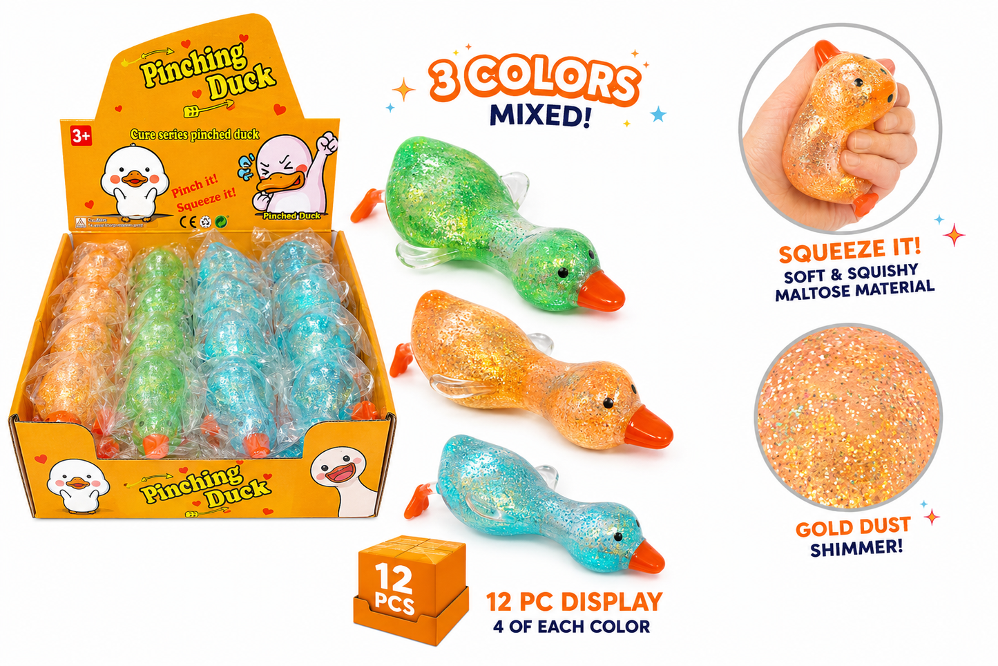Pinching Duck Glitter Squishy Stress Toy Display
